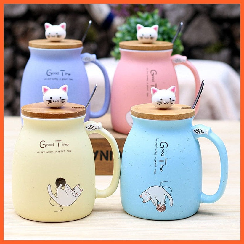 whatagift.com.au 450ml Cartoon Ceramics Cat Mug With Lid and Spoon | Animal Printed Coffee Tea Mugs