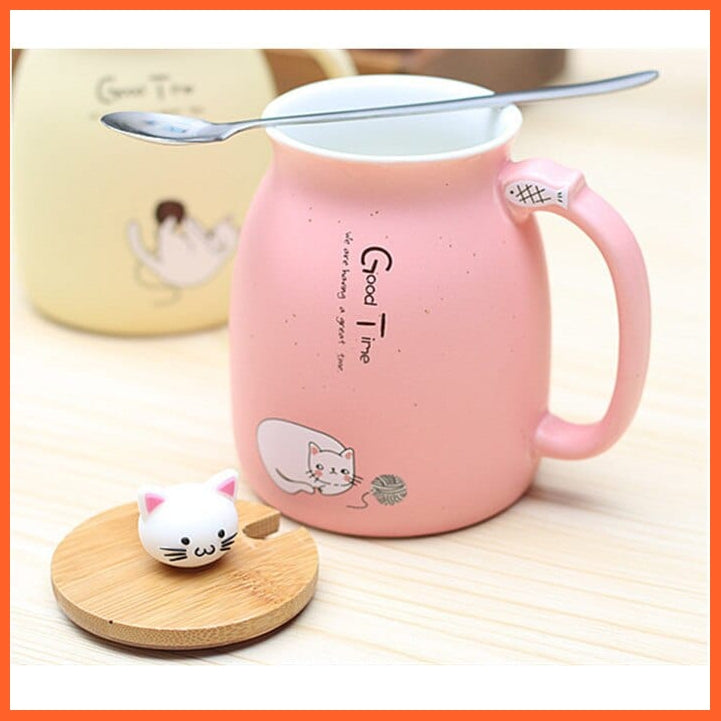 whatagift.com.au 450ml Cartoon Ceramics Cat Mug With Lid and Spoon | Animal Printed Coffee Tea Mugs