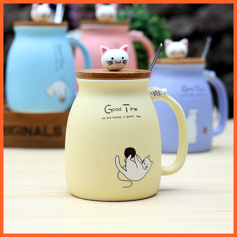 whatagift.com.au 450ml Cartoon Ceramics Cat Mug With Lid and Spoon | Animal Printed Coffee Tea Mugs