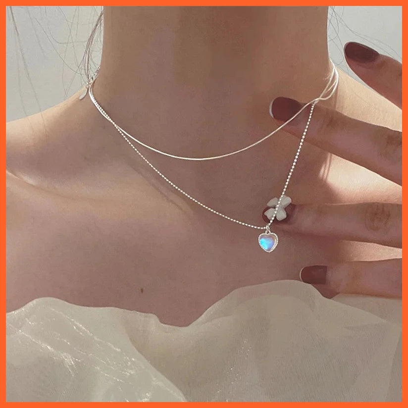 Silver Color  Double Love Heart-Shaped Moonstone Pendant Necklace Women