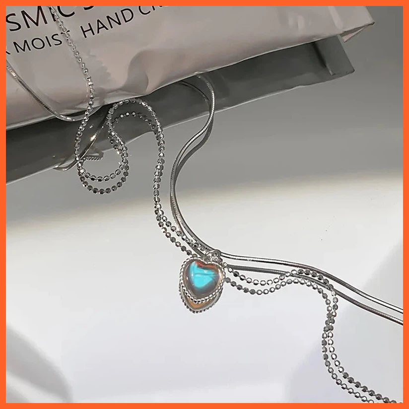 Silver Color  Double Love Heart-Shaped Moonstone Pendant Necklace Women