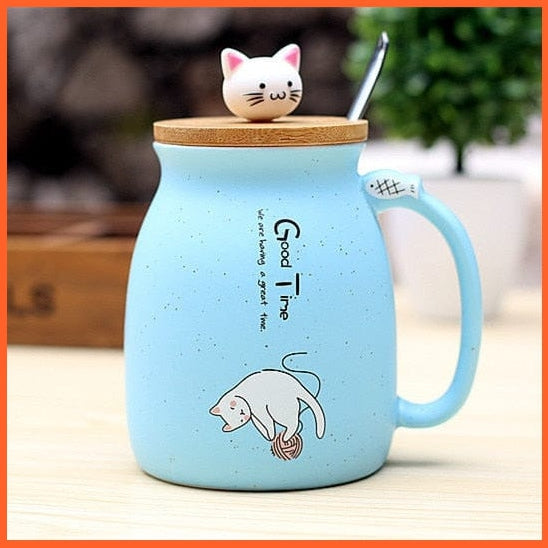 whatagift.com.au Blue / 450ml 450ml Cartoon Ceramics Cat Mug With Lid and Spoon | Animal Printed Coffee Tea Mugs