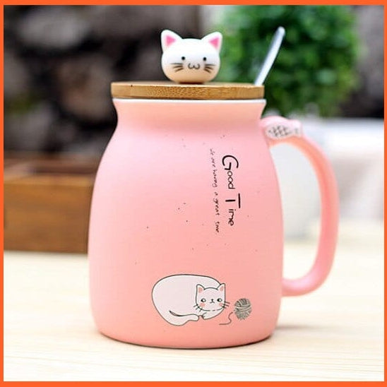 whatagift.com.au Pink / 450ml 450ml Cartoon Ceramics Cat Mug With Lid and Spoon | Animal Printed Coffee Tea Mugs