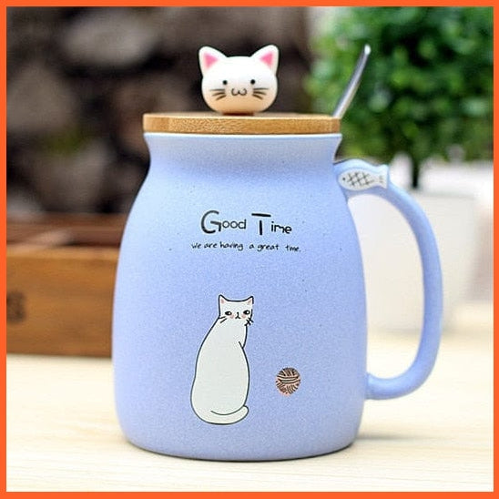 whatagift.com.au Purple / 450ml 450ml Cartoon Ceramics Cat Mug With Lid and Spoon | Animal Printed Coffee Tea Mugs