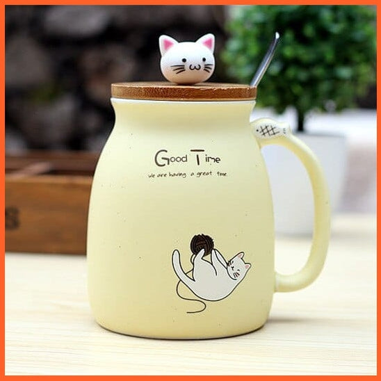 whatagift.com.au Yellow / 450ml 450ml Cartoon Ceramics Cat Mug With Lid and Spoon | Animal Printed Coffee Tea Mugs