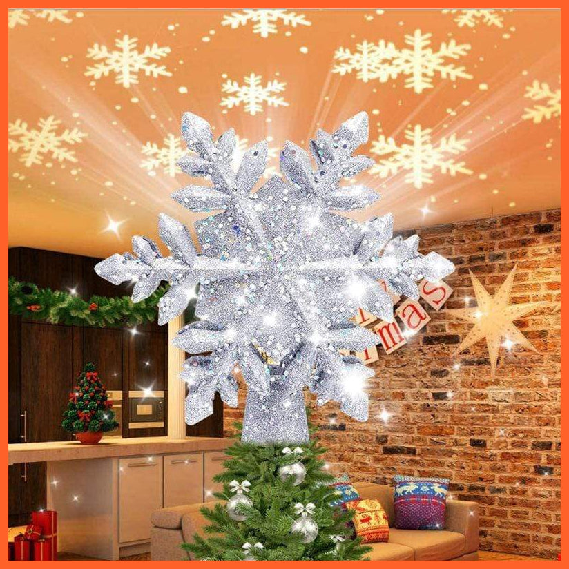 Christmas Tree Topper Star Projector | Lighted 3D Glitter Silver Snow Tree Toppers | Snowflake Projector New Year Home Decoration | whatagift.com.au.