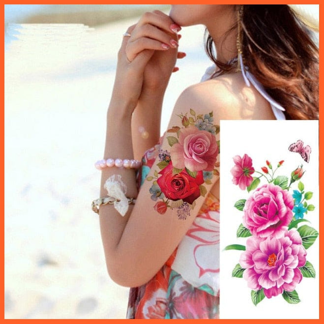 1Piece Body Art Flash Temporary Tattoos | Rose Peony Flowers Arm Shoulder Tattoo Waterproof Women | whatagift.com.au.